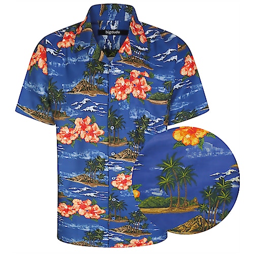 Bigdude Relaxed Collar Floral Print Short Sleeve Shirt Blue